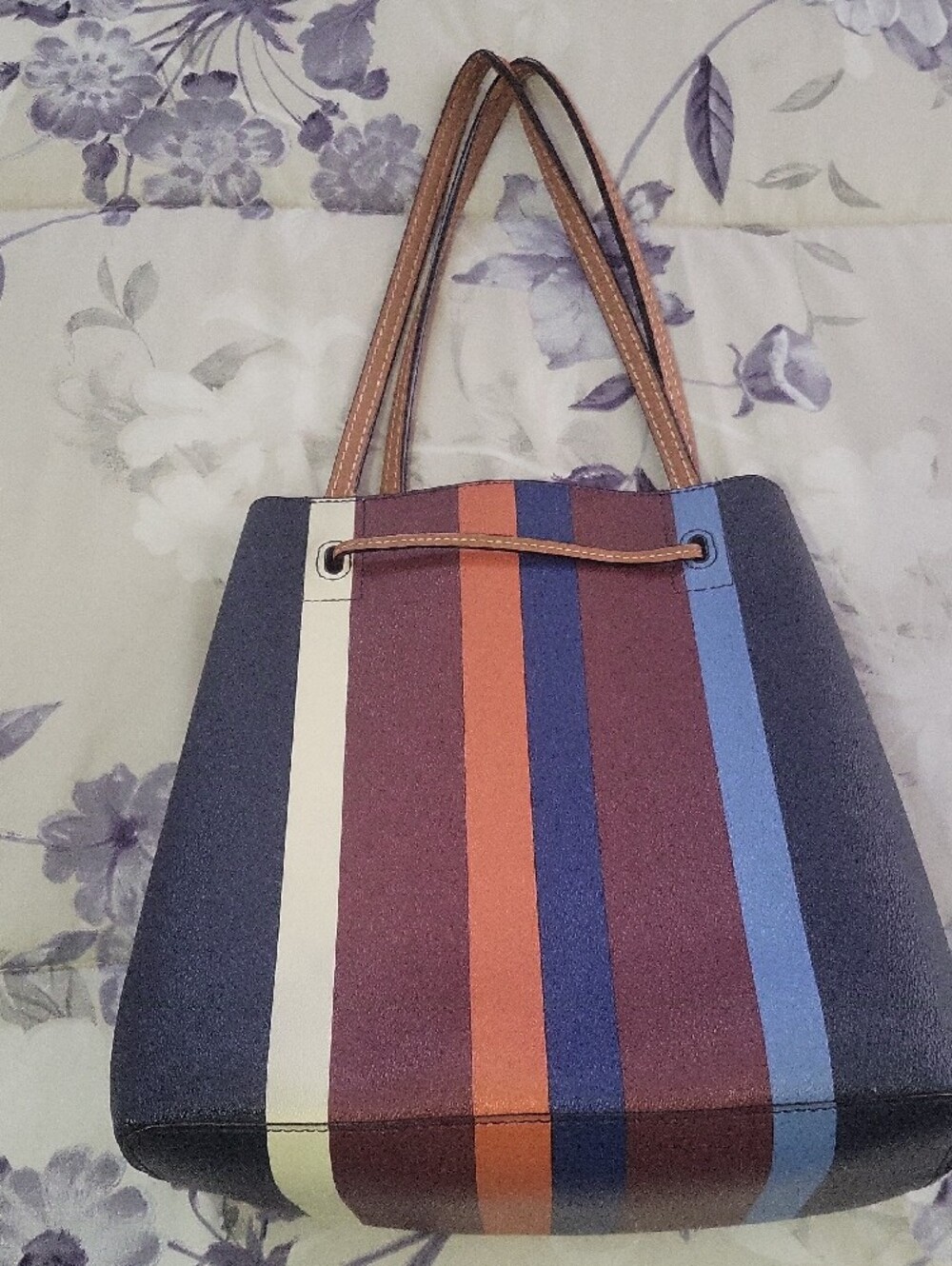 Tory Burch Navy Multi-Stripe Leather Drawstring Tote - Picture 7 of 15